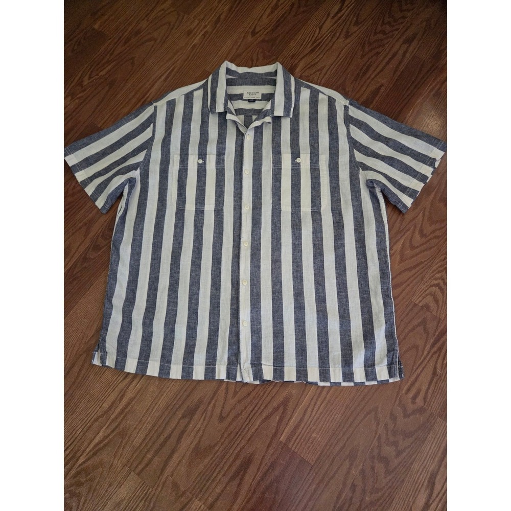 American Eagle Linen Blend Striped Short Sleeve Button Down Shirt Blue XL Tall - Picture 1 of 7